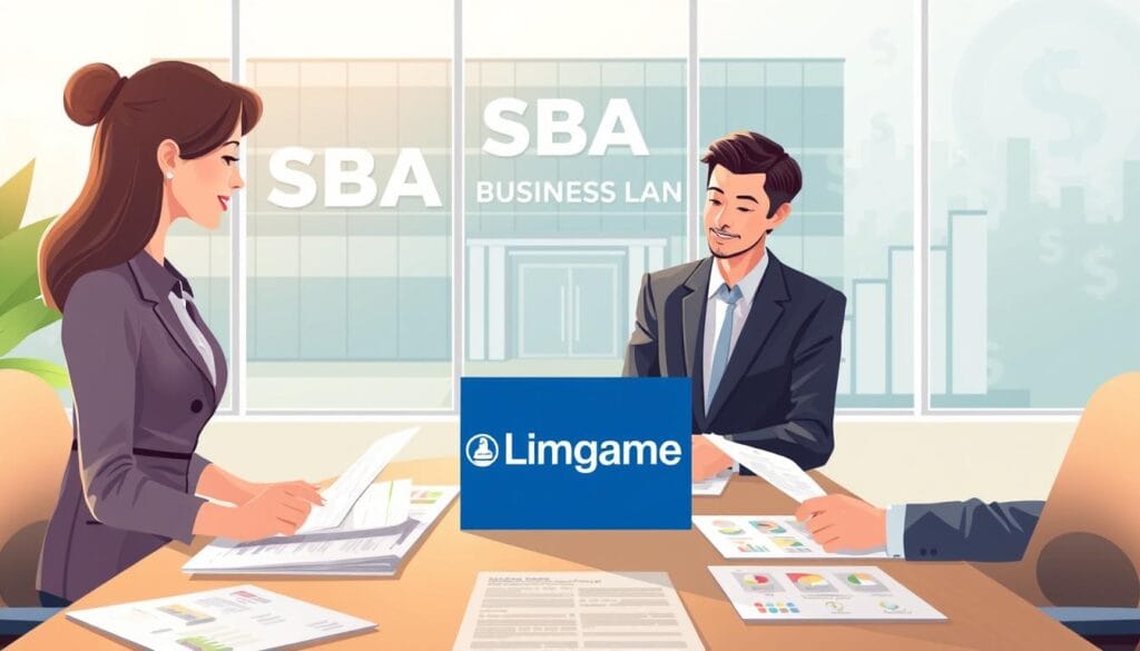 A detailed illustration of the SBA small business loan process for an article on financing. In the foreground, showcase a professional businesswoman and businessman dressed in smart attire, discussing documents at a conference table filled with loan application forms and financial charts. In the middle, depict a large transparent window showing a modern SBA office building, symbolizing support. In the background, incorporate subtle imagery of dollar signs and graphs to represent financial growth and security. Use soft natural lighting to create a welcoming atmosphere, with a shallow depth of field to focus on the business conversation. The overall mood should be optimistic and professional, conveying trust and opportunity. The brand name "Limgame" should be subtly integrated into the scene, perhaps on a document in the foreground. A detailed illustration of the SBA small business loan process for an article on financing. In the foreground, showcase a professional businesswoman and businessman dressed in smart attire, discussing documents at a conference table filled with loan application forms and financial charts. In the middle, depict a large transparent window showing a modern SBA office building, symbolizing support. In the background, incorporate subtle imagery of dollar signs and graphs to represent financial growth and security. Use soft natural lighting to create a welcoming atmosphere, with a shallow depth of field to focus on the business conversation. The overall mood should be optimistic and professional, conveying trust and opportunity. The brand name "Limgame" should be subtly integrated into the scene, perhaps on a document in the foreground.