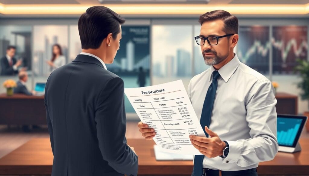 A detailed illustration of various fee structures for financial advisors, with a clean and modern design. In the foreground, depict a professional financial advisor in business attire, engaged in a consultation with a client, holding a document that outlines different compensation models like hourly rates, flat fees, and percentage-based fees. The middle ground should show an elegant office setting with a sleek desk, financial charts, and a digital tablet displaying graphs. In the background, add soft-focus images of client meetings or financial markets, conveying an atmosphere of professionalism and trust. The lighting should be warm and inviting, with a soft focus that enhances the professionalism of the scene. Limgame. A detailed illustration of various fee structures for financial advisors, with a clean and modern design. In the foreground, depict a professional financial advisor in business attire, engaged in a consultation with a client, holding a document that outlines different compensation models like hourly rates, flat fees, and percentage-based fees. The middle ground should show an elegant office setting with a sleek desk, financial charts, and a digital tablet displaying graphs. In the background, add soft-focus images of client meetings or financial markets, conveying an atmosphere of professionalism and trust. The lighting should be warm and inviting, with a soft focus that enhances the professionalism of the scene. Limgame.