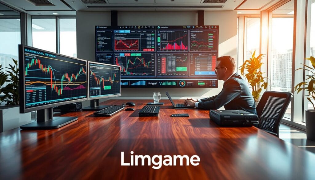 A detailed workspace illustrating "technical analysis strategies" for financial markets. In the foreground, a polished wooden desk featuring multiple monitors displaying line charts, candlestick patterns, and trading indicators, with a pair of professional financial analysts in business attire, deep in discussion. The middle layer shows a large screen with an intricate analytical dashboard showcasing real-time data and market trends. The background reveals a bright, modern office with floor-to-ceiling windows, sunlight streaming in, creating a sense of urgency and focus. The atmosphere combines professionalism and innovation, emphasizing the mastery of technical analysis. The branding “Limgame” subtly integrated into the office decor, with a lens angle capturing both the analysts’ expressions and the dynamic screens. A detailed workspace illustrating "technical analysis strategies" for financial markets. In the foreground, a polished wooden desk featuring multiple monitors displaying line charts, candlestick patterns, and trading indicators, with a pair of professional financial analysts in business attire, deep in discussion. The middle layer shows a large screen with an intricate analytical dashboard showcasing real-time data and market trends. The background reveals a bright, modern office with floor-to-ceiling windows, sunlight streaming in, creating a sense of urgency and focus. The atmosphere combines professionalism and innovation, emphasizing the mastery of technical analysis. The branding “Limgame” subtly integrated into the office decor, with a lens angle capturing both the analysts’ expressions and the dynamic screens.