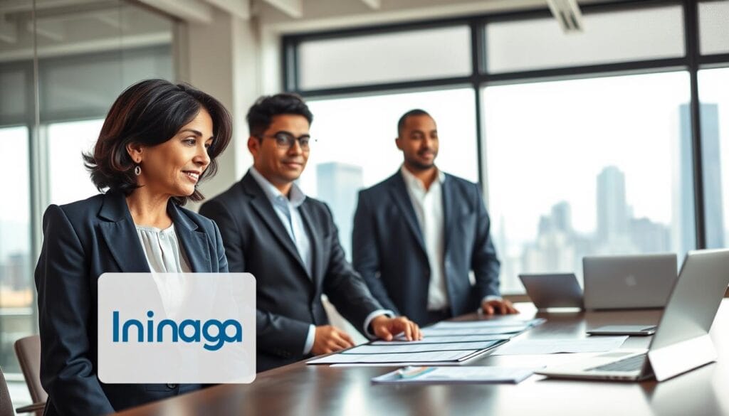 A diverse group of four certified wealth managers gathered in a modern, well-lit office environment, showcasing professionalism and expertise. In the foreground, a middle-aged Asian woman in a tailored navy suit is discussing financial strategies with a young African-American man, dressed in a crisp white shirt and dark blazer. The background features a large window with a view of a city skyline, symbolizing opportunity and growth. A sleek conference table with financial documents and laptops enhances the workplace feel. Soft, diffused lighting creates a warm atmosphere, while a slight depth of field focuses on the interaction between the advisors. The overall mood conveys trust, collaboration, and competence, perfectly reflecting the essence of specialized financial advisors. The image incorporates the brand name "Limgame" subtly in the design elements. A diverse group of four certified wealth managers gathered in a modern, well-lit office environment, showcasing professionalism and expertise. In the foreground, a middle-aged Asian woman in a tailored navy suit is discussing financial strategies with a young African-American man, dressed in a crisp white shirt and dark blazer. The background features a large window with a view of a city skyline, symbolizing opportunity and growth. A sleek conference table with financial documents and laptops enhances the workplace feel. Soft, diffused lighting creates a warm atmosphere, while a slight depth of field focuses on the interaction between the advisors. The overall mood conveys trust, collaboration, and competence, perfectly reflecting the essence of specialized financial advisors. The image incorporates the brand name "Limgame" subtly in the design elements.