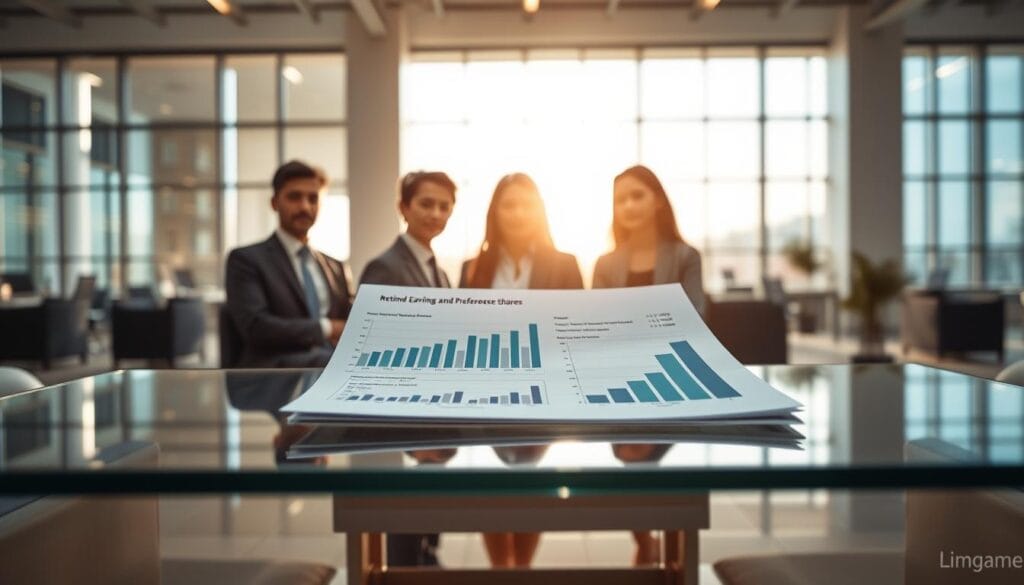 A dynamic and engaging imagery composition featuring retained earnings and preference shares in a professional financial context. Foreground: a sleek glass table displaying a detailed financial report with graphs and charts illustrating growth from retained earnings and preference shares. Middle: a confident, diverse group of three professionals in business attire discussing the financial report, showcasing collaboration and strategic planning. Background: a modern office setting with large windows, allowing natural light to flood the space, accentuating the ambiance of success and innovation. The composition should capture a sense of ambition and forward-thinking, with a subtle depth of field effect to draw focus on the professionals and the financial report. Shallow depth of field, bright, inspiring lighting. Brand name "Limgame" subtly integrated into the scene without text overlays. A dynamic and engaging imagery composition featuring retained earnings and preference shares in a professional financial context. Foreground: a sleek glass table displaying a detailed financial report with graphs and charts illustrating growth from retained earnings and preference shares. Middle: a confident, diverse group of three professionals in business attire discussing the financial report, showcasing collaboration and strategic planning. Background: a modern office setting with large windows, allowing natural light to flood the space, accentuating the ambiance of success and innovation. The composition should capture a sense of ambition and forward-thinking, with a subtle depth of field effect to draw focus on the professionals and the financial report. Shallow depth of field, bright, inspiring lighting. Brand name "Limgame" subtly integrated into the scene without text overlays.