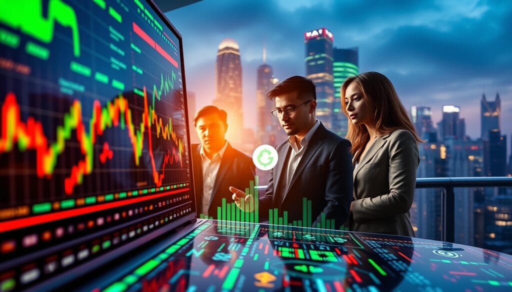 A dynamic and visually striking representation of crypto market trends and price movements. In the foreground, a sleek digital screen displays fluctuating cryptocurrency graphs and candlestick charts, illuminated with bright green and red hues. The middle layer features a group of diverse professionals in business attire, analyzing the data with focused expressions, surrounded by holographic elements symbolizing various cryptocurrencies. In the background, a modern, tech-inspired cityscape reflects innovation and forward-thinking. Utilize dramatic lighting to emphasize the glowing displays, and incorporate a cinematic angle that gives depth to the scene, creating an atmosphere of urgency and opportunity in the crypto market.