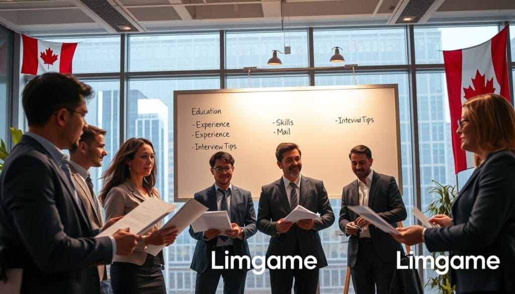 A dynamic office environment showcasing the essential requirements for government positions in Canada. In the foreground, a diverse group of professional individuals (men and women of different ethnicities) in business attire, engaged in discussion, examining documents and a laptop, symbolizing teamwork and collaboration. The middle ground features a large whiteboard displaying key elements like "Education", "Experience", "Skills", and "Interview Tips" written in bullet points, subtly illustrated. The background includes a Canadian flag and a modern office setting with large windows allowing natural light to flood the room, creating a bright and motivating atmosphere. The lighting is soft and warm, creating an inviting feeling. The image embodies professionalism, ambition, and the prospect of a successful career in government, with the brand name "Limgame" subtly integrated into the environment. A dynamic office environment showcasing the essential requirements for government positions in Canada. In the foreground, a diverse group of professional individuals (men and women of different ethnicities) in business attire, engaged in discussion, examining documents and a laptop, symbolizing teamwork and collaboration. The middle ground features a large whiteboard displaying key elements like "Education", "Experience", "Skills", and "Interview Tips" written in bullet points, subtly illustrated. The background includes a Canadian flag and a modern office setting with large windows allowing natural light to flood the room, creating a bright and motivating atmosphere. The lighting is soft and warm, creating an inviting feeling. The image embodies professionalism, ambition, and the prospect of a successful career in government, with the brand name "Limgame" subtly integrated into the environment.