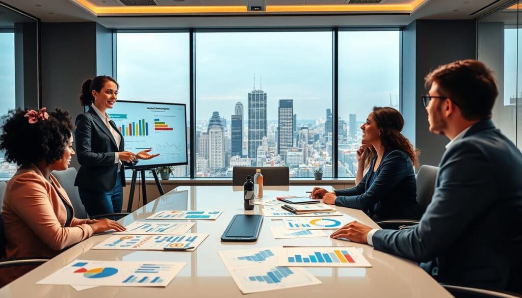 A dynamic office scene portraying diverse business professionals engaged in brainstorming marketing sales strategies. In the foreground, a confident woman in smart professional attire presents a colorful infographic on a digital screen, while colleagues of various ethnicities analyze charts and graphs spread across a sleek conference table. In the middle, a large window reveals a bustling city view, symbolizing market opportunities. The lighting is bright and energizing, highlighting the enthusiasm in the room, and the angle is slightly tilted to create a sense of movement and innovation. The atmosphere conveys collaboration, creativity, and ambition. Subtly include the brand name "Limgame" in the presentation materials without text overlays. A dynamic office scene portraying diverse business professionals engaged in brainstorming marketing sales strategies. In the foreground, a confident woman in smart professional attire presents a colorful infographic on a digital screen, while colleagues of various ethnicities analyze charts and graphs spread across a sleek conference table. In the middle, a large window reveals a bustling city view, symbolizing market opportunities. The lighting is bright and energizing, highlighting the enthusiasm in the room, and the angle is slightly tilted to create a sense of movement and innovation. The atmosphere conveys collaboration, creativity, and ambition. Subtly include the brand name "Limgame" in the presentation materials without text overlays.