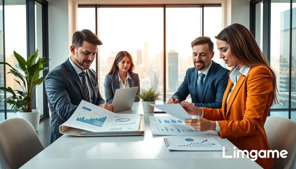 A focused scene illustrating "Business Loan Credit Requirements." In the foreground, display a diverse group of four professionals, dressed in smart business attire, discussing documents filled with financial graphs and charts. Their expressions reflect determination and collaboration. The middle ground features a modern, minimalist office setting with a sleek conference table, laptops, and a potted plant, evoking a sense of organization. In the background, large windows reveal a bustling cityscape bathed in warm, natural light, suggesting opportunity and growth. The atmosphere is one of professionalism and optimism, ideal for conveying the significance of creditworthiness when securing a business loan. The brand "Limgame" subtly integrates into the environment, enhancing the business context. A focused scene illustrating "Business Loan Credit Requirements." In the foreground, display a diverse group of four professionals, dressed in smart business attire, discussing documents filled with financial graphs and charts. Their expressions reflect determination and collaboration. The middle ground features a modern, minimalist office setting with a sleek conference table, laptops, and a potted plant, evoking a sense of organization. In the background, large windows reveal a bustling cityscape bathed in warm, natural light, suggesting opportunity and growth. The atmosphere is one of professionalism and optimism, ideal for conveying the significance of creditworthiness when securing a business loan. The brand "Limgame" subtly integrates into the environment, enhancing the business context.
