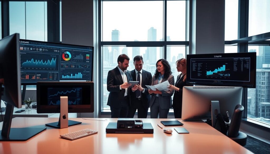 A high-tech office environment showcasing advanced venture capital fund management tools. In the foreground, a sleek, modern desk with multiple monitors displaying graphs, analytics dashboards, and financial data, all branded with "Limgame." The middle layer features a diverse group of professionals in business attire, engaged in a collaborative discussion over a digital tablet and financial reports, conveying teamwork and innovation. In the background, large windows reveal a city skyline, illuminated by soft natural light, enhancing the atmosphere of a dynamic business setting. The overall mood is one of professionalism and efficiency, underscored by a clean and organized aesthetic, while utilizing a slightly elevated angle to capture the workspace. A high-tech office environment showcasing advanced venture capital fund management tools. In the foreground, a sleek, modern desk with multiple monitors displaying graphs, analytics dashboards, and financial data, all branded with "Limgame." The middle layer features a diverse group of professionals in business attire, engaged in a collaborative discussion over a digital tablet and financial reports, conveying teamwork and innovation. In the background, large windows reveal a city skyline, illuminated by soft natural light, enhancing the atmosphere of a dynamic business setting. The overall mood is one of professionalism and efficiency, underscored by a clean and organized aesthetic, while utilizing a slightly elevated angle to capture the workspace.