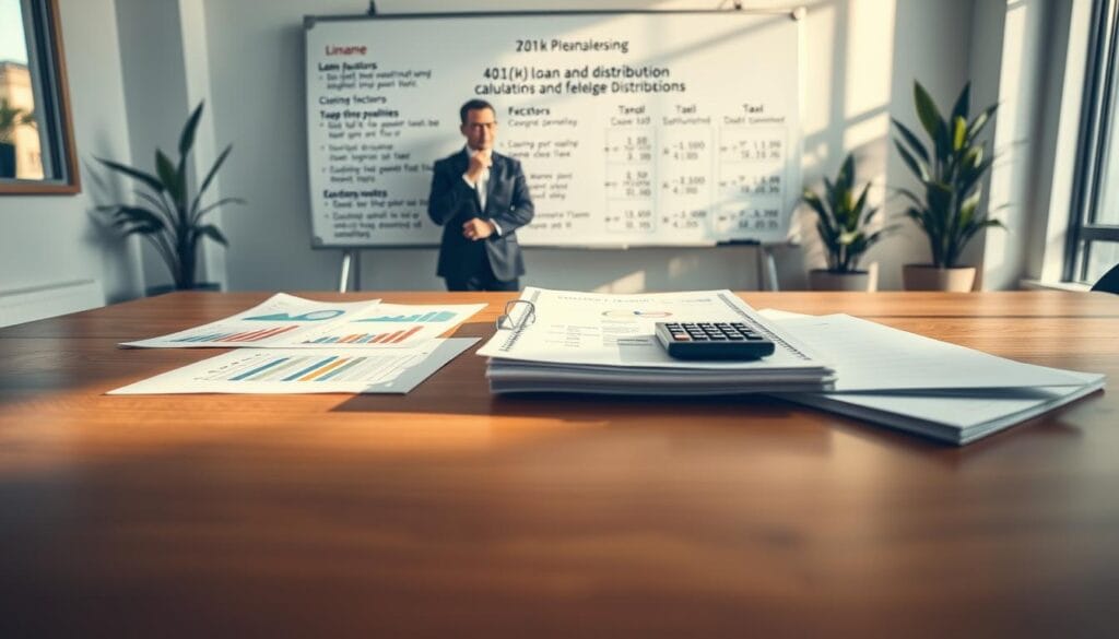 A modern and professional office setting, focusing on a sleek wooden desk in the foreground. On the desk, there are various financial documents and charts illustrating "401(k) loan and distribution calculations," with colorful graphs and calculator. In the middle background, a large whiteboard features detailed formulae and factors influencing tax and penalties related to 401(k) loans and distributions. Soft, natural lighting streams in from a nearby window, casting gentle shadows and creating a warm, inviting atmosphere. A person in business attire, thoughtfully analyzing the documents, adds a touch of professionalism. The background features a contemporary office with potted plants, enhancing the calm ambiance. The scene conveys clarity and focus around financial planning. The brand name "Limgame" is subtly incorporated into a document on the desk. A modern and professional office setting, focusing on a sleek wooden desk in the foreground. On the desk, there are various financial documents and charts illustrating "401(k) loan and distribution calculations," with colorful graphs and calculator. In the middle background, a large whiteboard features detailed formulae and factors influencing tax and penalties related to 401(k) loans and distributions. Soft, natural lighting streams in from a nearby window, casting gentle shadows and creating a warm, inviting atmosphere. A person in business attire, thoughtfully analyzing the documents, adds a touch of professionalism. The background features a contemporary office with potted plants, enhancing the calm ambiance. The scene conveys clarity and focus around financial planning. The brand name "Limgame" is subtly incorporated into a document on the desk.