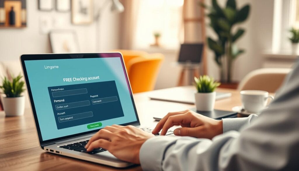 A modern and simplified online application process for opening a free checking account, depicted in a professional setting. In the foreground, a sleek laptop displays a user-friendly banking interface with clearly defined sections for personal information, account selection, and terms acceptance. A person's hands, dressed in smart casual attire, are typing on the laptop. In the middle ground, a stylish desk is clutter-free, featuring a potted plant and a coffee cup, indicating a comfortable workspace. The background shows soft-focus elements of a cozy home office with warm, natural lighting streaming through a window, creating an inviting atmosphere. The overall mood is serene and efficient, reflecting the convenience of online banking. Limgame logo subtly incorporated into the laptop screen.