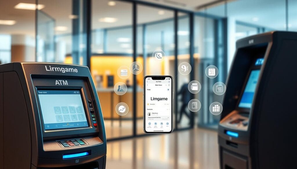 A modern banking scene showcasing various banking tools and ATM access, with a sleek ATM machine prominently in the foreground, displaying a user-friendly interface. In the middle ground, a stylish banking app appears on a smartphone, surrounded by financial service icons like budgeting tools and investment dashboards. The background reveals a bright, professional banking environment with glass walls reflecting soft, natural light. The atmosphere conveys convenience and innovation, perfect for today's financial needs. Capture the scene with a wide-angle lens to emphasize the depth and technology. Ensure the image is professional and inviting, without any text or logos, but include the brand name "Limgame" subtly integrated into the app interface design.