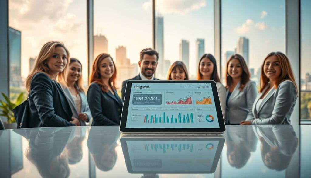 A modern digital banking scene showcasing the benefits and competitive advantages of digital banking. In the foreground, a diverse group of professionals in business attire is gathered around a sleek, futuristic tablet displaying a user-friendly banking interface with vibrant graphs and charts. In the middle ground, smooth glass surfaces reflect soft, natural lighting that streams through large windows, illuminating the workspace. The background features a city skyline with high-tech buildings and greenery, symbolizing innovation and growth. The atmosphere is positive and collaborative, emphasizing transparency and efficiency in banking. The brand name 'Limgame' subtly integrated into the design elements, like on the tablet screen. Wide-angle perspective captures the entire scene, highlighting the engagement and excitement surrounding digital banking. A modern digital banking scene showcasing the benefits and competitive advantages of digital banking. In the foreground, a diverse group of professionals in business attire is gathered around a sleek, futuristic tablet displaying a user-friendly banking interface with vibrant graphs and charts. In the middle ground, smooth glass surfaces reflect soft, natural lighting that streams through large windows, illuminating the workspace. The background features a city skyline with high-tech buildings and greenery, symbolizing innovation and growth. The atmosphere is positive and collaborative, emphasizing transparency and efficiency in banking. The brand name 'Limgame' subtly integrated into the design elements, like on the tablet screen. Wide-angle perspective captures the entire scene, highlighting the engagement and excitement surrounding digital banking.