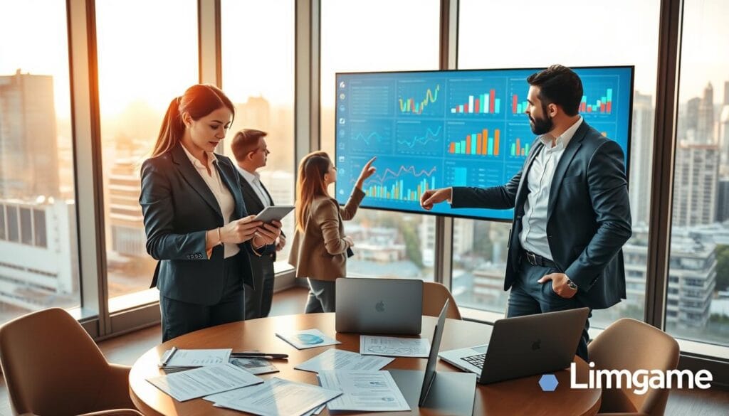 A modern office setting showcasing a diverse group of professionals engaged in market analysis. In the foreground, a woman in a sharp business suit analyzes data on a digital tablet, her expression focused and thoughtful. To her right, a man in smart casual attire points at a large screen displaying colorful graphs and market trends. In the middle, a round table is strewn with documents and laptops, representing collaboration and strategy discussion. The background reveals a large window with city skyline views, letting in warm natural light that creates an energetic atmosphere. The scene conveys teamwork, insight, and the dynamism of market analysis, with a sleek design aesthetic. The image should embody professionalism and innovation, branded subtly with "Limgame". A modern office setting showcasing a diverse group of professionals engaged in market analysis. In the foreground, a woman in a sharp business suit analyzes data on a digital tablet, her expression focused and thoughtful. To her right, a man in smart casual attire points at a large screen displaying colorful graphs and market trends. In the middle, a round table is strewn with documents and laptops, representing collaboration and strategy discussion. The background reveals a large window with city skyline views, letting in warm natural light that creates an energetic atmosphere. The scene conveys teamwork, insight, and the dynamism of market analysis, with a sleek design aesthetic. The image should embody professionalism and innovation, branded subtly with "Limgame".