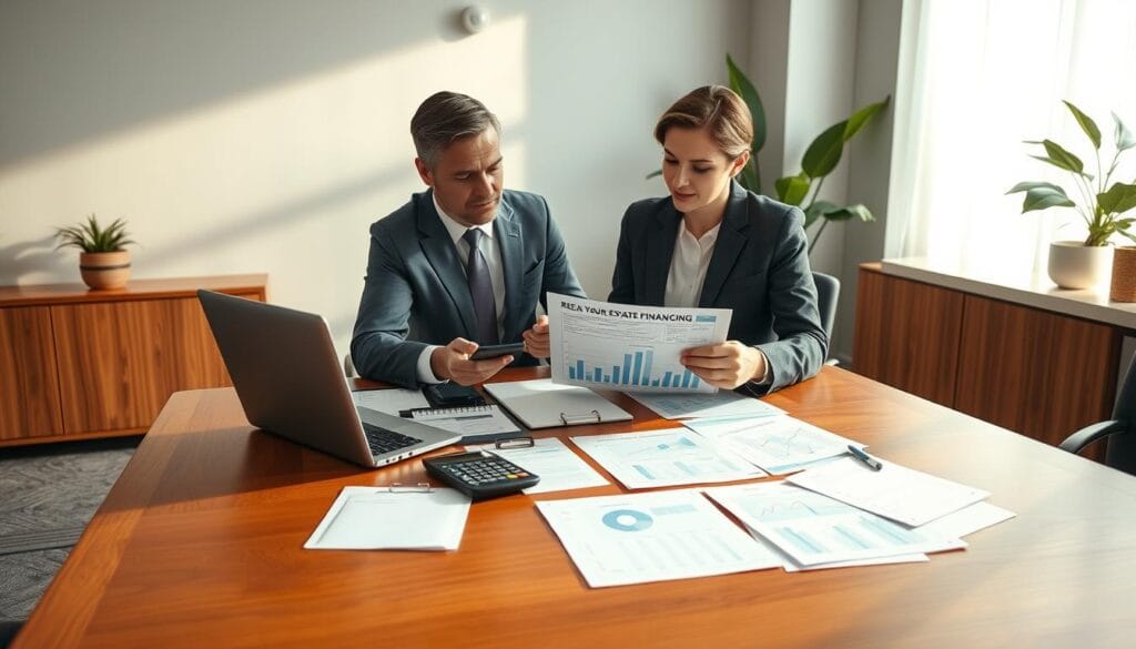 A modern office setting with a large wooden desk in the foreground, covered with detailed financial documents, calculators, and a laptop displaying graphs related to real estate financing. In the middle, a professional financial advisor in a neatly tailored suit is discussing financing options with a client, who is attentively reviewing the documents. Both individuals display engaged expressions. The background features a window with natural light streaming in, illuminating the scene and casting soft shadows. Elegant plants are positioned in the corners, adding a touch of warmth. The atmosphere is focused and professional, conveying a sense of trust and expertise. The image should have a high-resolution quality with a balanced composition, produced by Limgame. A modern office setting with a large wooden desk in the foreground, covered with detailed financial documents, calculators, and a laptop displaying graphs related to real estate financing. In the middle, a professional financial advisor in a neatly tailored suit is discussing financing options with a client, who is attentively reviewing the documents. Both individuals display engaged expressions. The background features a window with natural light streaming in, illuminating the scene and casting soft shadows. Elegant plants are positioned in the corners, adding a touch of warmth. The atmosphere is focused and professional, conveying a sense of trust and expertise. The image should have a high-resolution quality with a balanced composition, produced by Limgame.