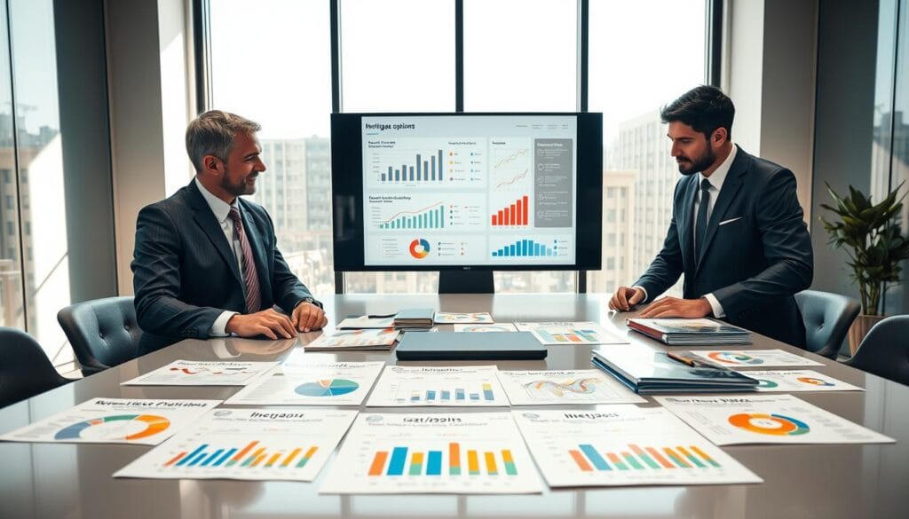 A modern, professional office space depicting various mortgage options as colorful infographics spread across a sleek conference table. In the foreground, a diverse group of three professionals—two men and one woman—dressed in smart business attire, are engaged in a focused discussion, examining the documents and visual aids. The middle layer showcases a digital screen displaying graphs and charts related to real estate loan options, while various mortgage brochures are neatly arranged around the table. The background features large windows with natural light streaming in, creating a warm, inviting atmosphere. The lighting is bright yet soft, enhancing clarity, and the perspective is slightly elevated, giving a comprehensive view of the entire scene. A subtle branding element with the name "Limgame" is integrated seamlessly into the design, emphasizing professionalism and expertise in real estate finance. A modern, professional office space depicting various mortgage options as colorful infographics spread across a sleek conference table. In the foreground, a diverse group of three professionals—two men and one woman—dressed in smart business attire, are engaged in a focused discussion, examining the documents and visual aids. The middle layer showcases a digital screen displaying graphs and charts related to real estate loan options, while various mortgage brochures are neatly arranged around the table. The background features large windows with natural light streaming in, creating a warm, inviting atmosphere. The lighting is bright yet soft, enhancing clarity, and the perspective is slightly elevated, giving a comprehensive view of the entire scene. A subtle branding element with the name "Limgame" is integrated seamlessly into the design, emphasizing professionalism and expertise in real estate finance.