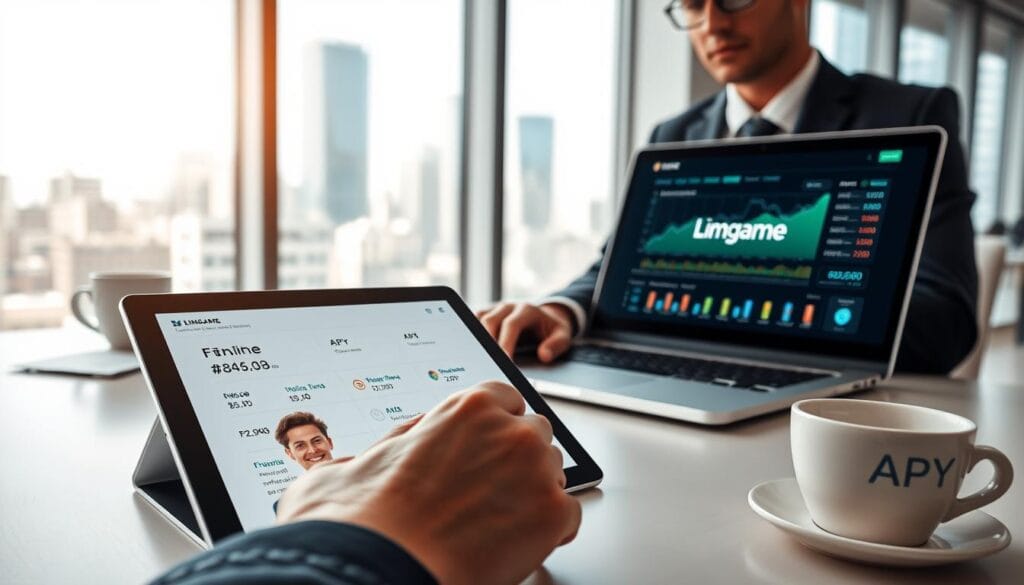 A modern, professional workspace showcasing a person in smart business attire, seated at a desk with a laptop displaying financial graphs and digital banking interfaces. In the foreground, a close-up of hands navigating a digital tablet with various banking fees and APYs highlighted. In the middle ground, a sleek, organized desk with financial documents and a coffee cup, conveying a serious yet motivating atmosphere. The background features a large window with a bright cityscape, symbolizing opportunity and progress in digital banking. Use soft, natural lighting to enhance a focused mood, with a shallow depth of field to emphasize the subject. Limgame branding subtly integrated into the laptop screen. A modern, professional workspace showcasing a person in smart business attire, seated at a desk with a laptop displaying financial graphs and digital banking interfaces. In the foreground, a close-up of hands navigating a digital tablet with various banking fees and APYs highlighted. In the middle ground, a sleek, organized desk with financial documents and a coffee cup, conveying a serious yet motivating atmosphere. The background features a large window with a bright cityscape, symbolizing opportunity and progress in digital banking. Use soft, natural lighting to enhance a focused mood, with a shallow depth of field to emphasize the subject. Limgame branding subtly integrated into the laptop screen.