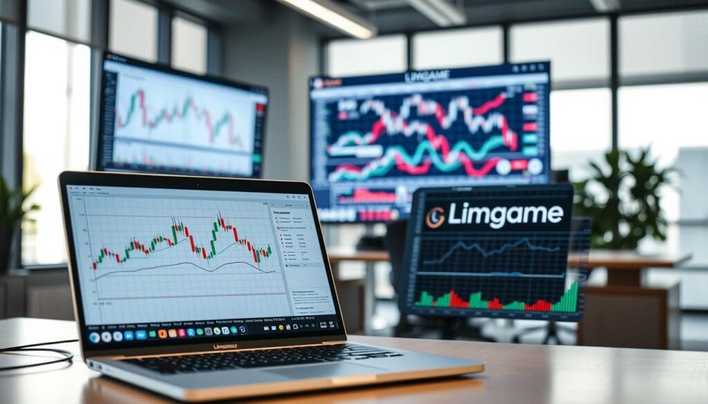 A modern workspace showcasing advanced charting tools and software for traders, featuring multiple screens displaying intricate financial charts and analytics. In the foreground, a sleek laptop with graphing software open, highlighting candlestick patterns and moving averages. The middle ground contains a large monitor with a complex chart layout, displaying various indicators and market trends. The background reveals a well-organized office setting with minimalistic decor and soft ambient lighting filtering through large windows, creating a productive atmosphere. The mood is focused and professional, invoking the intensity of financial analysis. The brand name "Limgame" is subtly integrated into the user interface on the screens without being intrusive. The image should be captured with a slight depth of field, emphasizing the tools and charts as the central focus. A modern workspace showcasing advanced charting tools and software for traders, featuring multiple screens displaying intricate financial charts and analytics. In the foreground, a sleek laptop with graphing software open, highlighting candlestick patterns and moving averages. The middle ground contains a large monitor with a complex chart layout, displaying various indicators and market trends. The background reveals a well-organized office setting with minimalistic decor and soft ambient lighting filtering through large windows, creating a productive atmosphere. The mood is focused and professional, invoking the intensity of financial analysis. The brand name "Limgame" is subtly integrated into the user interface on the screens without being intrusive. The image should be captured with a slight depth of field, emphasizing the tools and charts as the central focus.