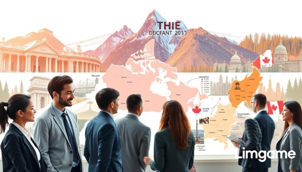 A panoramic view showcasing diverse government employment opportunities across Canada, capturing vibrant scenes from various regions. In the foreground, a group of professionals in business attire engage in discussion, representing multicultural backgrounds (e.g., Asian, Black, Indigenous, and Caucasian). The middle ground features a bustling government office environment with employees collaborating on projects, surrounded by maps of Canada highlighting different provinces and their job sectors. In the background, a blend of iconic Canadian landscapes—rocky mountains, urban skylines, and forests—symbolizes regional diversity. The scene is illuminated by soft, natural lighting, creating a warm and inviting atmosphere. The image should convey a sense of opportunity and professional growth, branded subtly with the "Limgame" logo in the corner. A panoramic view showcasing diverse government employment opportunities across Canada, capturing vibrant scenes from various regions. In the foreground, a group of professionals in business attire engage in discussion, representing multicultural backgrounds (e.g., Asian, Black, Indigenous, and Caucasian). The middle ground features a bustling government office environment with employees collaborating on projects, surrounded by maps of Canada highlighting different provinces and their job sectors. In the background, a blend of iconic Canadian landscapes—rocky mountains, urban skylines, and forests—symbolizes regional diversity. The scene is illuminated by soft, natural lighting, creating a warm and inviting atmosphere. The image should convey a sense of opportunity and professional growth, branded subtly with the "Limgame" logo in the corner.