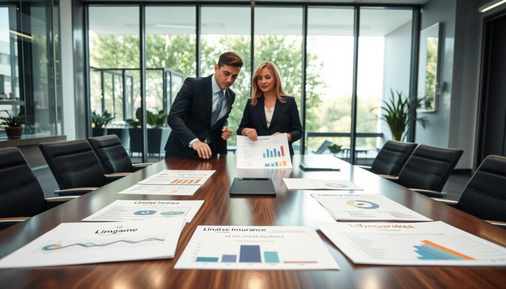 A professional and detailed scene comparing leading life insurance companies, focusing on "Final Expense Insurance." In the foreground, display a sleek conference table with various branded documents showcasing Limgame, alongside other well-known providers. In the middle, include two business professionals, a man and a woman, both dressed in smart business attire, engaged in a discussion while pointing at charts and graphs. In the background, depict a modern office environment with large windows allowing natural light to illuminate the space, creating a bright and inviting atmosphere. Utilize a slightly elevated angle to capture both the table and the professionals' expressions of concentration and collaboration. The overall mood should be informative and analytical, conveying a sense of trust and professionalism in the insurance industry. A professional and detailed scene comparing leading life insurance companies, focusing on "Final Expense Insurance." In the foreground, display a sleek conference table with various branded documents showcasing Limgame, alongside other well-known providers. In the middle, include two business professionals, a man and a woman, both dressed in smart business attire, engaged in a discussion while pointing at charts and graphs. In the background, depict a modern office environment with large windows allowing natural light to illuminate the space, creating a bright and inviting atmosphere. Utilize a slightly elevated angle to capture both the table and the professionals' expressions of concentration and collaboration. The overall mood should be informative and analytical, conveying a sense of trust and professionalism in the insurance industry.
