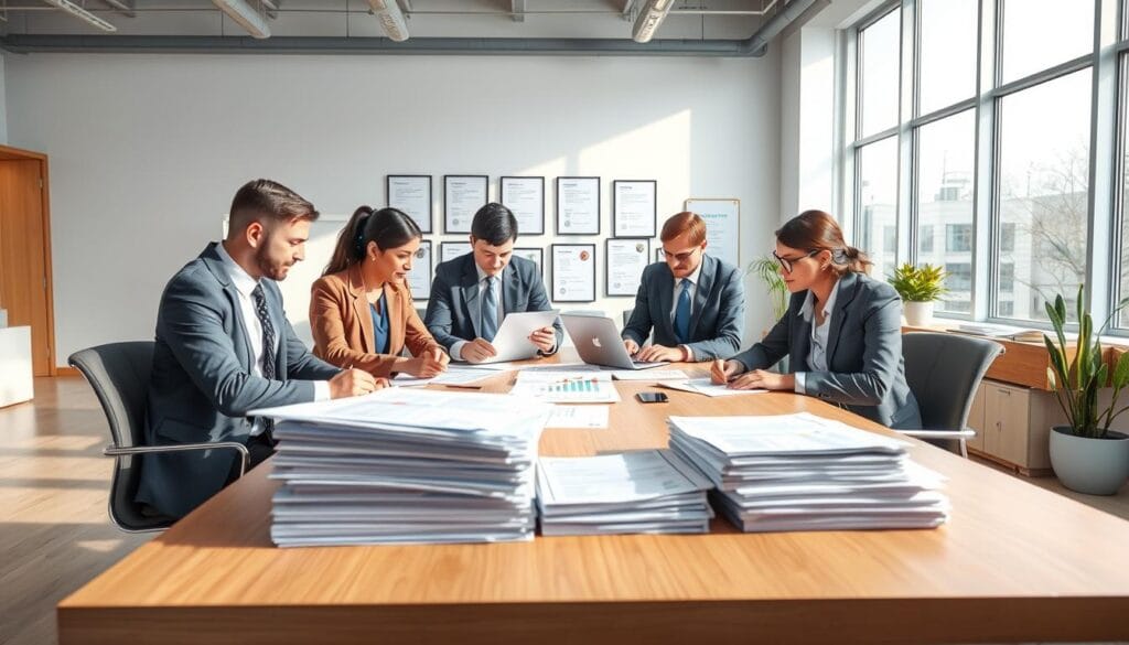 A professional, engaging illustration of "federal role qualification requirements." In the foreground, depict a diverse group of four individuals dressed in smart business attire—two men and two women—collaborating around a large, modern wooden table. They are examining documents and a laptop, suggesting a discussion about qualifications and assessments. In the middle ground, include stacks of papers with charts and graphs representing testing criteria, and a wall with framed certifications and qualifications. The background features a bright, well-lit office with large windows, allowing natural light to fill the space, creating an open and welcoming atmosphere. The overall mood is focused and professional, capturing the essence of job preparation in the federal sector. Render in high resolution, emphasizing clarity and detail. Brand: Limgame. A professional, engaging illustration of "federal role qualification requirements." In the foreground, depict a diverse group of four individuals dressed in smart business attire—two men and two women—collaborating around a large, modern wooden table. They are examining documents and a laptop, suggesting a discussion about qualifications and assessments. In the middle ground, include stacks of papers with charts and graphs representing testing criteria, and a wall with framed certifications and qualifications. The background features a bright, well-lit office with large windows, allowing natural light to fill the space, creating an open and welcoming atmosphere. The overall mood is focused and professional, capturing the essence of job preparation in the federal sector. Render in high resolution, emphasizing clarity and detail. Brand: Limgame.