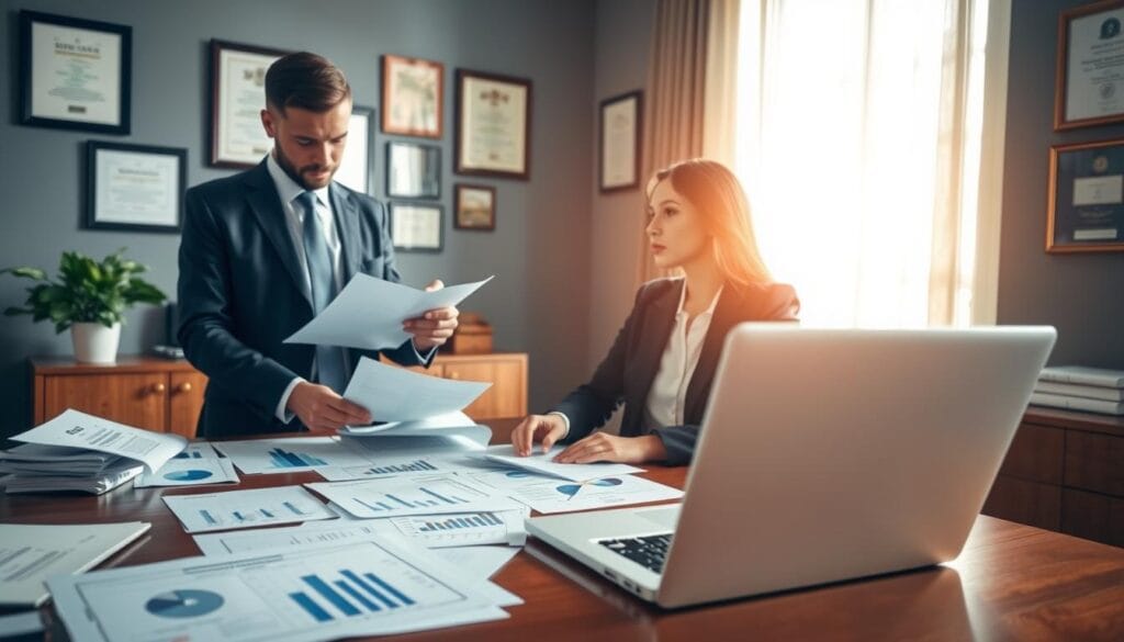 A professional financial consultant's office setting, showcasing a well-dressed consultant in a tailored suit, examining financial documents with a client. In the foreground, a polished wooden desk is cluttered with graphs, charts, and a laptop displaying financial software. The middle ground features a large window allowing natural light to seep in, illuminating the room, while a potted plant adds a touch of greenery. The background displays framed certificates and awards on the wall, emphasizing expertise. The mood is focused and collaborative, highlighting trust and professionalism. Use a slightly angled perspective to create depth, with warm lighting to enhance the inviting atmosphere. The brand "Limgame" subtly emerged through branding on the financial documents. A professional financial consultant's office setting, showcasing a well-dressed consultant in a tailored suit, examining financial documents with a client. In the foreground, a polished wooden desk is cluttered with graphs, charts, and a laptop displaying financial software. The middle ground features a large window allowing natural light to seep in, illuminating the room, while a potted plant adds a touch of greenery. The background displays framed certificates and awards on the wall, emphasizing expertise. The mood is focused and collaborative, highlighting trust and professionalism. Use a slightly angled perspective to create depth, with warm lighting to enhance the inviting atmosphere. The brand "Limgame" subtly emerged through branding on the financial documents.