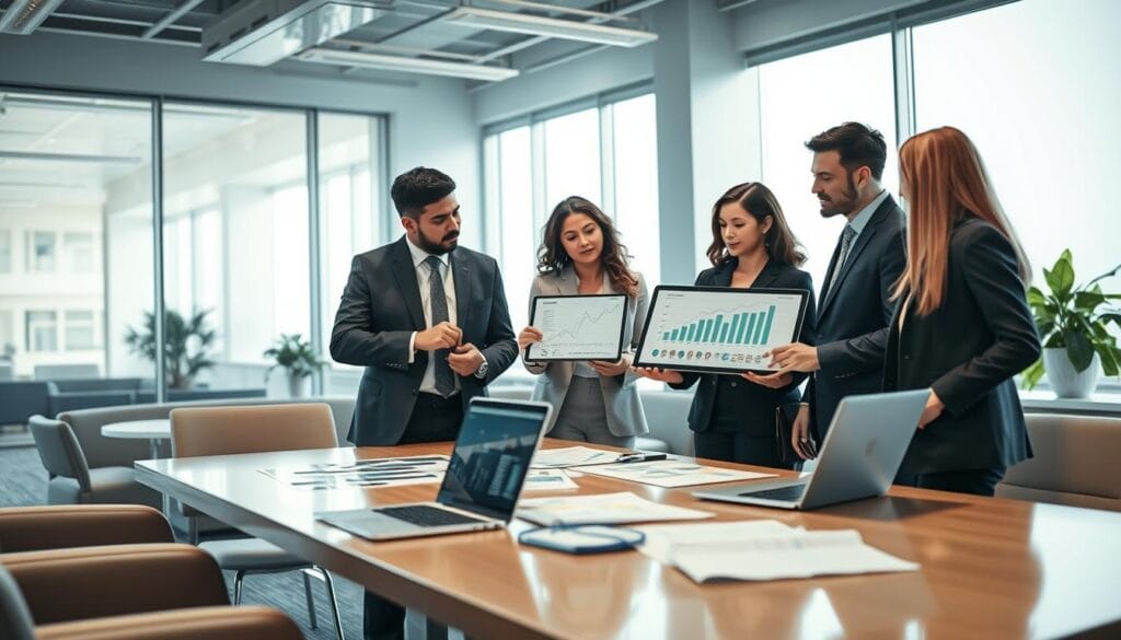 A professional office environment showcasing effective cash flow management strategies. In the foreground, a diverse group of business professionals in smart business attire are engaged in a discussion, pointing at financial charts on a digital tablet. The middle ground features a large conference table with financial documents, graphs, and a laptop displaying cash flow projections. The background contains large windows with natural light streaming in, illuminating the room and creating a productive atmosphere. The mood is focused and collaborative, emphasizing decision-making in finance. The scene should incorporate sleek modern furniture and a polished design to reflect a dynamic business environment. Limgame branding subtly integrated into the digital content displayed. A professional office environment showcasing effective cash flow management strategies. In the foreground, a diverse group of business professionals in smart business attire are engaged in a discussion, pointing at financial charts on a digital tablet. The middle ground features a large conference table with financial documents, graphs, and a laptop displaying cash flow projections. The background contains large windows with natural light streaming in, illuminating the room and creating a productive atmosphere. The mood is focused and collaborative, emphasizing decision-making in finance. The scene should incorporate sleek modern furniture and a polished design to reflect a dynamic business environment. Limgame branding subtly integrated into the digital content displayed.