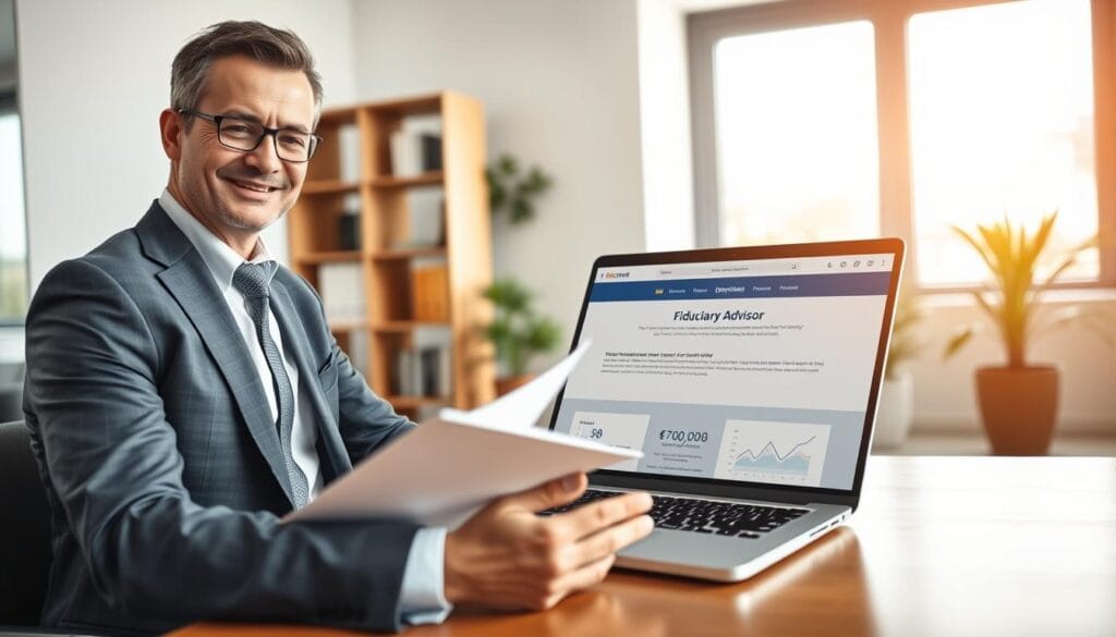 A professional office setting focused on a fiduciary advisor's credentials. In the foreground, a well-dressed financial advisor in a tailored suit is sitting at a desk, reviewing a professional-looking folder with a satisfied expression. The middle layer shows a close-up of a laptop screen displaying a reputable website confirming fiduciary status, with graphs and charts subtly visible. In the background, a large window lets in natural light, illuminating a sleek modern office with a few potted plants and a bookshelf filled with financial literature. The mood is reassuring and professional, conveying trust and expertise. The image is shot from a slight angle to emphasize the advisor and the laptop screen, with a depth of field effect to draw attention to the focus area, ensuring it is suitable for an informative article. Include the brand name "Limgame" in a tasteful manner within the office decor. A professional office setting focused on a fiduciary advisor's credentials. In the foreground, a well-dressed financial advisor in a tailored suit is sitting at a desk, reviewing a professional-looking folder with a satisfied expression. The middle layer shows a close-up of a laptop screen displaying a reputable website confirming fiduciary status, with graphs and charts subtly visible. In the background, a large window lets in natural light, illuminating a sleek modern office with a few potted plants and a bookshelf filled with financial literature. The mood is reassuring and professional, conveying trust and expertise. The image is shot from a slight angle to emphasize the advisor and the laptop screen, with a depth of field effect to draw attention to the focus area, ensuring it is suitable for an informative article. Include the brand name "Limgame" in a tasteful manner within the office decor.