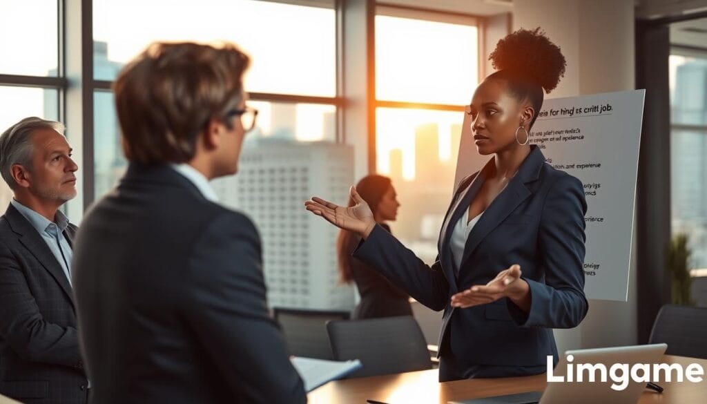 A professional office setting, showcasing a diverse group of individuals discussing criteria for high-paying federal government jobs. In the foreground, a confident Black woman in a well-fitted navy suit is presenting, gesturing towards a sleek presentation board filled with bullet points on skills, qualifications, and experience. To the left, a middle-aged Caucasian man in smart attire is taking notes. In the background, large windows offer a view of a modern city skyline bathed in warm afternoon light, adding to the atmosphere of opportunity and ambition. The scene evokes a sense of professionalism and focus, highlighting the importance of career development. Photography style with a slightly blurred depth of field, emphasizing the foreground participants while maintaining clarity in the background. Limgame logo subtly integrated into the scene's decor. A professional office setting, showcasing a diverse group of individuals discussing criteria for high-paying federal government jobs. In the foreground, a confident Black woman in a well-fitted navy suit is presenting, gesturing towards a sleek presentation board filled with bullet points on skills, qualifications, and experience. To the left, a middle-aged Caucasian man in smart attire is taking notes. In the background, large windows offer a view of a modern city skyline bathed in warm afternoon light, adding to the atmosphere of opportunity and ambition. The scene evokes a sense of professionalism and focus, highlighting the importance of career development. Photography style with a slightly blurred depth of field, emphasizing the foreground participants while maintaining clarity in the background. Limgame logo subtly integrated into the scene's decor.