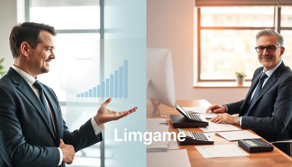 A professional split image comparing a fiduciary financial advisor and a traditional financial advisor. In the foreground, on the left, a well-dressed fiduciary advisor, representing trust and transparency, gestures toward a clear chart depicting growth and client outcomes, exuding confidence and approachability. On the right, a traditional advisor, also in professional attire, sits at a desk surrounded by papers and a classic calculator, looking more formal and traditional, symbolizing a past approach. The middle ground features a subtle blend of financial graphs and tools, merging their methodologies. In the background, a serene office environment with natural light filtering through large windows, adding warmth and a welcoming mood. Overall, a balanced representation of both styles, emphasizing professionalism and integrity. Brand name "Limgame" represented through elegant elements in the design. A professional split image comparing a fiduciary financial advisor and a traditional financial advisor. In the foreground, on the left, a well-dressed fiduciary advisor, representing trust and transparency, gestures toward a clear chart depicting growth and client outcomes, exuding confidence and approachability. On the right, a traditional advisor, also in professional attire, sits at a desk surrounded by papers and a classic calculator, looking more formal and traditional, symbolizing a past approach. The middle ground features a subtle blend of financial graphs and tools, merging their methodologies. In the background, a serene office environment with natural light filtering through large windows, adding warmth and a welcoming mood. Overall, a balanced representation of both styles, emphasizing professionalism and integrity. Brand name "Limgame" represented through elegant elements in the design.