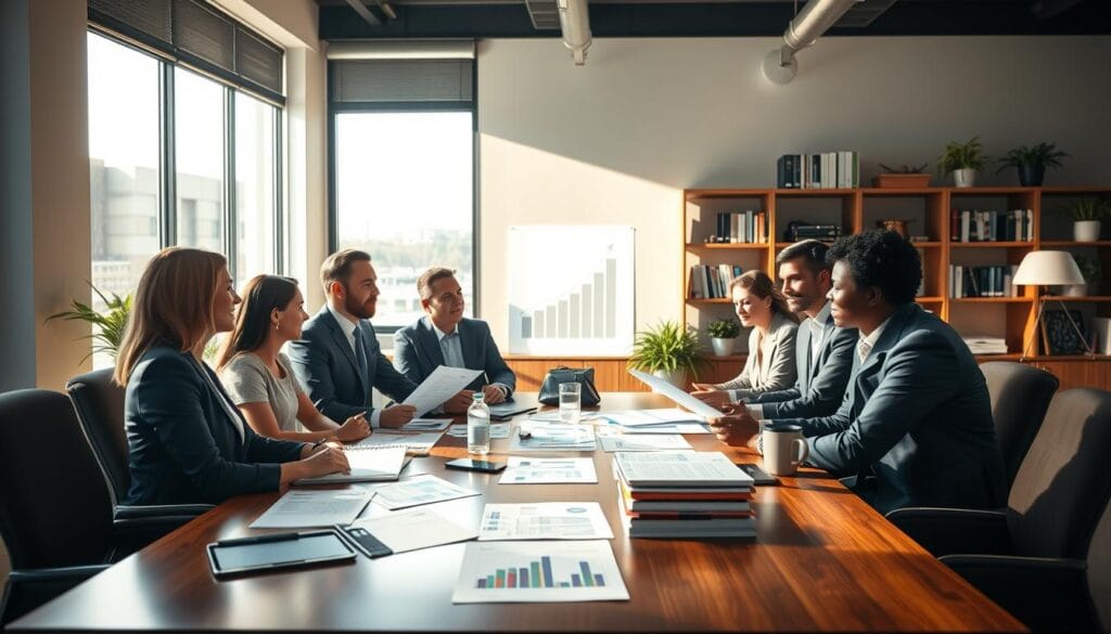 A serene office environment showcasing the benefits of retirement planning. In the foreground, a diverse group of professionals in smart business attire, engaged in a discussion around a polished wooden table filled with financial documents and digital devices, symbolizing 401(k) plans. In the middle ground, a large window floods the room with warm, natural sunlight, illuminating charts and graphs depicting growth and security. The background features shelves lined with financial books and potted plants, creating a calming atmosphere. The overall mood is optimistic and focused, emphasizing collaboration and informed decision-making. Soft lighting enhances the professional yet inviting feel. The scene subtly includes the brand name "Limgame" in an unobtrusive manner, reinforcing trust in financial planning. A serene office environment showcasing the benefits of retirement planning. In the foreground, a diverse group of professionals in smart business attire, engaged in a discussion around a polished wooden table filled with financial documents and digital devices, symbolizing 401(k) plans. In the middle ground, a large window floods the room with warm, natural sunlight, illuminating charts and graphs depicting growth and security. The background features shelves lined with financial books and potted plants, creating a calming atmosphere. The overall mood is optimistic and focused, emphasizing collaboration and informed decision-making. Soft lighting enhances the professional yet inviting feel. The scene subtly includes the brand name "Limgame" in an unobtrusive manner, reinforcing trust in financial planning.