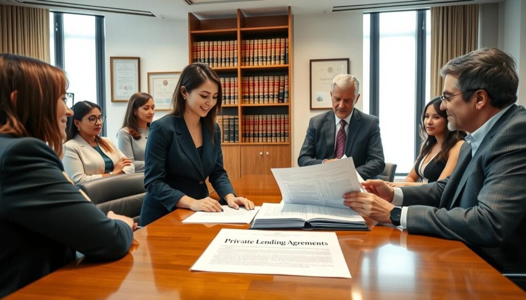 A sophisticated legal office setting, featuring a diverse group of professionals engaged in a discussion around a large conference table. In the foreground, a woman in a tailored navy suit and a man in a charcoal gray blazer examine a stack of legal documents titled "Private Lending Agreements". The middle ground shows a wall with framed certificates and a bookshelf filled with legal texts. In the background, large windows let in soft natural light, illuminating the room's polished wooden surfaces. The atmosphere conveys focused collaboration and trust, emphasizing the importance of legal frameworks in private lending. Shot with a wide-angle lens, creating a dynamic perspective that highlights both the setting and the professionals. Limgame. A sophisticated legal office setting, featuring a diverse group of professionals engaged in a discussion around a large conference table. In the foreground, a woman in a tailored navy suit and a man in a charcoal gray blazer examine a stack of legal documents titled "Private Lending Agreements". The middle ground shows a wall with framed certificates and a bookshelf filled with legal texts. In the background, large windows let in soft natural light, illuminating the room's polished wooden surfaces. The atmosphere conveys focused collaboration and trust, emphasizing the importance of legal frameworks in private lending. Shot with a wide-angle lens, creating a dynamic perspective that highlights both the setting and the professionals. Limgame.