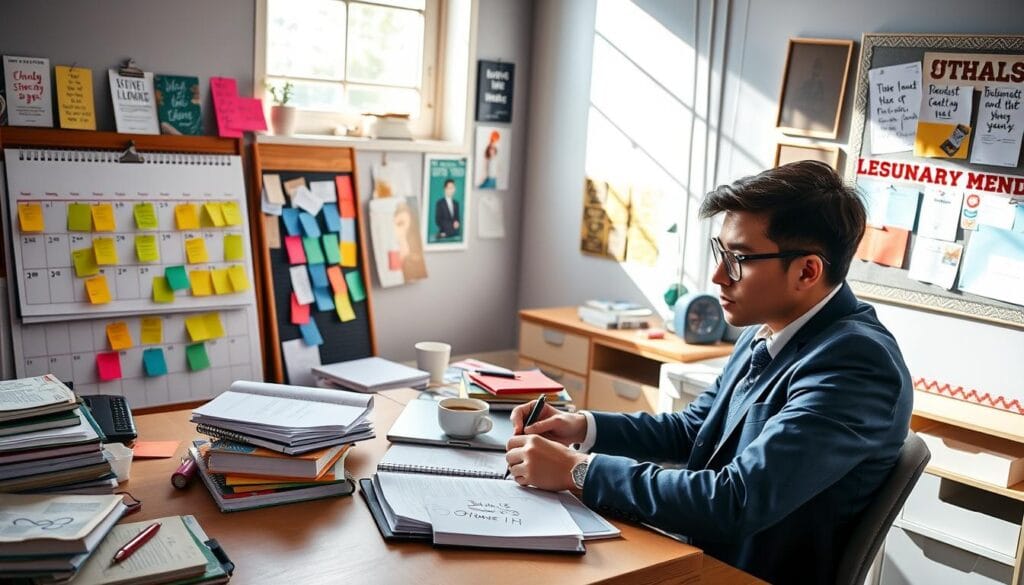 A vibrant and balanced workspace scene depicting a young entrepreneur managing school life and business. In the foreground, a focused individual in smart casual attire sits at a desk piled with books and a laptop, jotting down notes while sipping coffee. In the middle, an organized space showcases a calendar filled with deadlines, colorful sticky notes, and a planner with business ideas handwritten. In the background, sunlight streams through a window, illuminating a wall decorated with motivational posters and a bulletin board filled with personal and academic achievements. The atmosphere conveys a sense of determination and creativity, embodying the dual challenges of education and entrepreneurship. Natural lighting enhances the warmth and clarity of the scene. Limgame logo subtly appears on the planner. A vibrant and balanced workspace scene depicting a young entrepreneur managing school life and business. In the foreground, a focused individual in smart casual attire sits at a desk piled with books and a laptop, jotting down notes while sipping coffee. In the middle, an organized space showcases a calendar filled with deadlines, colorful sticky notes, and a planner with business ideas handwritten. In the background, sunlight streams through a window, illuminating a wall decorated with motivational posters and a bulletin board filled with personal and academic achievements. The atmosphere conveys a sense of determination and creativity, embodying the dual challenges of education and entrepreneurship. Natural lighting enhances the warmth and clarity of the scene. Limgame logo subtly appears on the planner.