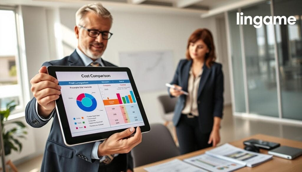 A visually comprehensive cost comparison chart for final expense life insurance, featuring vibrant graphical elements like pie charts and bar graphs, illustrating various premiums and rates. In the foreground, a professional-looking man in a business suit holds a tablet displaying cost comparison data, while a woman in modest business attire points to the chart. The middle ground showcases a clean, modern office space with a desk and financial documents scattered about. The background is bright and airy, with large windows allowing natural light to pour in. The overall mood is informative and professional, indicating financial considerations. Bright, professional lighting enhances clarity, and the angle focuses on the interaction between the two figures and the chart. The brand name "Limgame" is subtly incorporated into the design elements of the chart. A visually comprehensive cost comparison chart for final expense life insurance, featuring vibrant graphical elements like pie charts and bar graphs, illustrating various premiums and rates. In the foreground, a professional-looking man in a business suit holds a tablet displaying cost comparison data, while a woman in modest business attire points to the chart. The middle ground showcases a clean, modern office space with a desk and financial documents scattered about. The background is bright and airy, with large windows allowing natural light to pour in. The overall mood is informative and professional, indicating financial considerations. Bright, professional lighting enhances clarity, and the angle focuses on the interaction between the two figures and the chart. The brand name "Limgame" is subtly incorporated into the design elements of the chart.