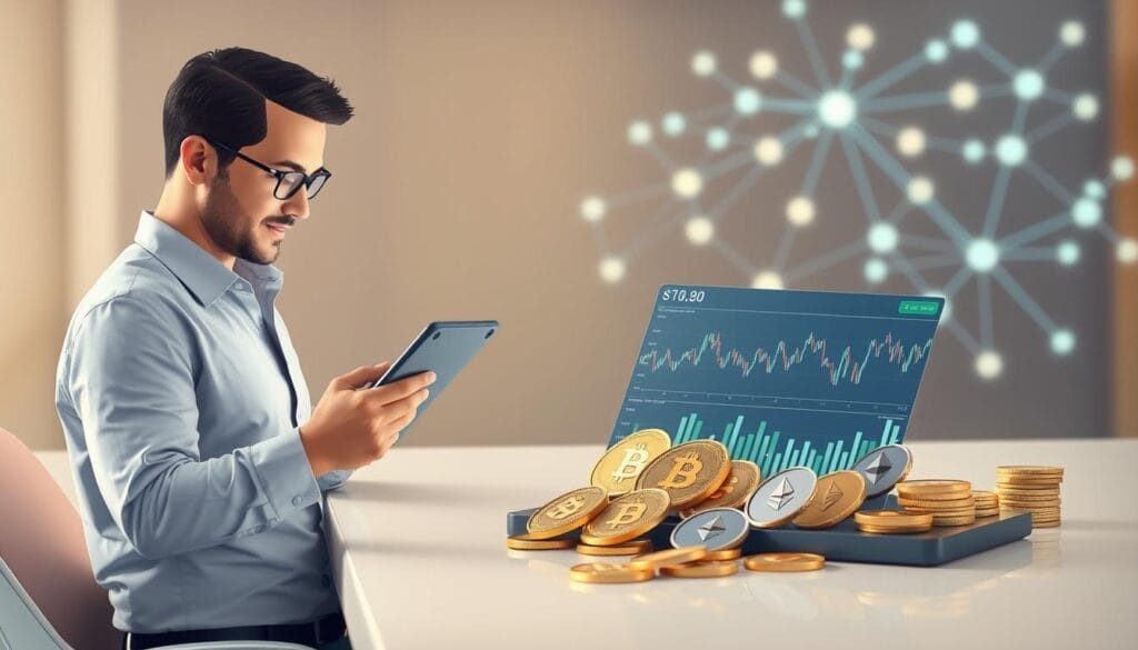 A visually engaging illustration showcasing key factors for cryptocurrency investment. In the foreground, a professional, confident investor in business attire, studying a tablet displaying cryptocurrency market data. The middle layer features a variety of coins such as Bitcoin and Ethereum scattered on a sleek, modern desk along with charts and graphs showing trends in crypto prices. In the background, an abstract representation of a digital network or blockchain, with glowing lines connecting nodes, conveying the technological foundation of cryptocurrency. Soft, ambient lighting highlights the subjects, creating a focused yet optimistic atmosphere. A slight depth of field blurs the background slightly, directing attention to the investor and the data in the foreground. The mood is professional and forward-looking, suitable for an educational context.