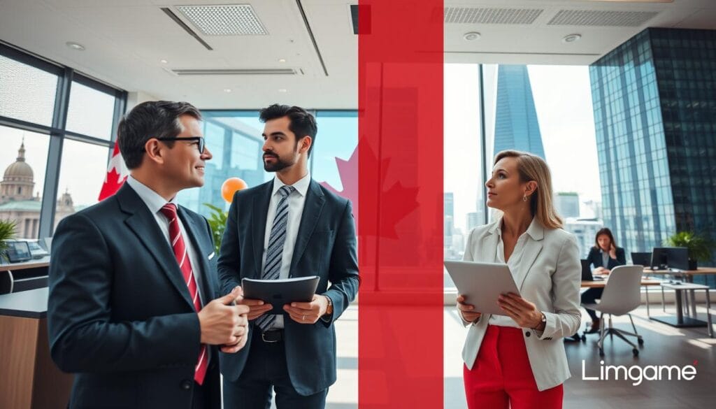A visually striking image comparing federal and private sector careers in Canada. In the foreground, depict two professional individuals engaged in discussion—one dressed in a formal suit representing the federal government, and the other in business casual attire representing the private sector. The middle ground features a split scene: on one side, a serene government office setting with a Canadian flag and official documents; on the other, a dynamic corporate workspace with modern technology and casual collaboration. The background should include subtle hints of iconic Canadian landmarks, like the Parliament Buildings and a corporate skyscraper, blending them harmoniously. Soft natural lighting creates a balanced mood, suggesting professionalism and opportunity, shot from an eye-level angle to connect the viewer. The image should be branded with "Limgame". A visually striking image comparing federal and private sector careers in Canada. In the foreground, depict two professional individuals engaged in discussion—one dressed in a formal suit representing the federal government, and the other in business casual attire representing the private sector. The middle ground features a split scene: on one side, a serene government office setting with a Canadian flag and official documents; on the other, a dynamic corporate workspace with modern technology and casual collaboration. The background should include subtle hints of iconic Canadian landmarks, like the Parliament Buildings and a corporate skyscraper, blending them harmoniously. Soft natural lighting creates a balanced mood, suggesting professionalism and opportunity, shot from an eye-level angle to connect the viewer. The image should be branded with "Limgame".